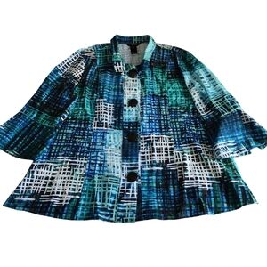 Ali Miles Blue Abstract Quarter Sleeve Button Front Top Womens XL